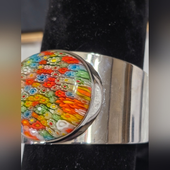 Millefiori Glass Bold Chunky Wide Bangle Cuff Stainless Steel Bracelet - Picture 4 of 13